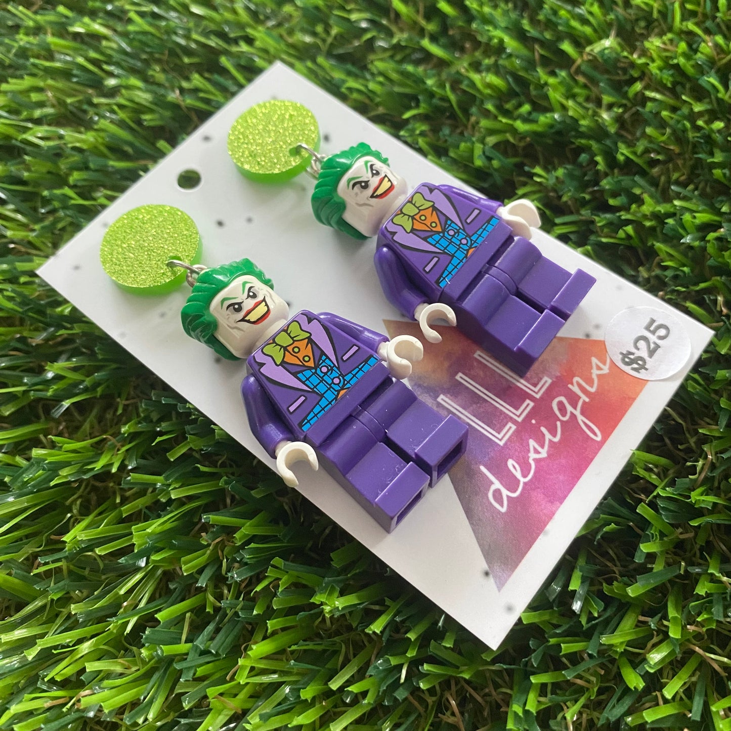 Clown Villain Brick Character Earrings - Featuring Glittery Light Green top!