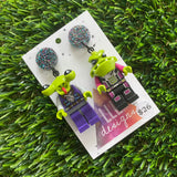 Mismatch Alien Duo Brick Character Dangle Earrings - Featuring Glittery Galaxy Top!