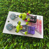 Mismatch Alien Duo Brick Character Dangle Earrings - Featuring Glittery Galaxy Top!