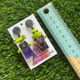 Mismatch Alien Duo Brick Character Dangle Earrings - Featuring Glittery Galaxy Top!