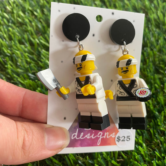 Sushi Chef Brick Character Dangle Earrings - Featuring Black Top!