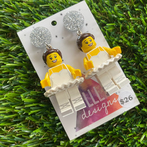 Ballerina Girl Brick Character Dangle Earrings - Featuring Glittery Silver Top!