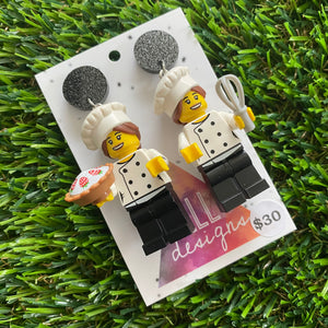 Bakery Duo Brick Character Dangle Earrings - Featuring Glittery Black Top and Strawberry Tart and Whisk Accessories!