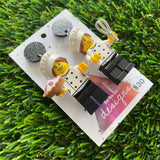 Bakery Duo Brick Character Dangle Earrings - Featuring Glittery Black Top and Strawberry Tart and Whisk Accessories!