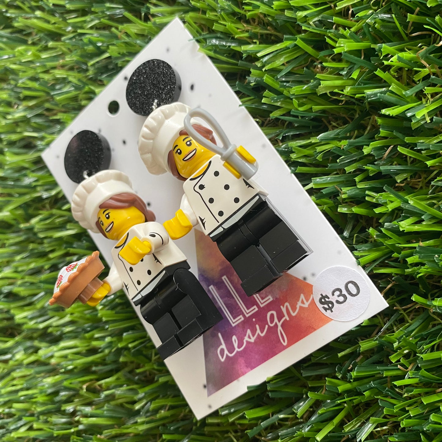 Bakery Duo Brick Character Dangle Earrings - Featuring Glittery Black Top and Strawberry Tart and Whisk Accessories!