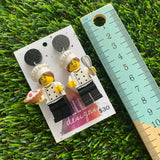 Bakery Duo Brick Character Dangle Earrings - Featuring Glittery Black Top and Strawberry Tart and Whisk Accessories!