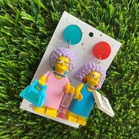 Cartoon Sister Duo Brick Character Dangle Earrings  - Featuring Mirror Blue and Glitter Red Top and Accessories!