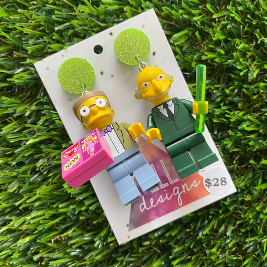 Power-plant Guy & Assistant Brick Character Dangle Earrings - Featuring Glittery Light Green Top!
