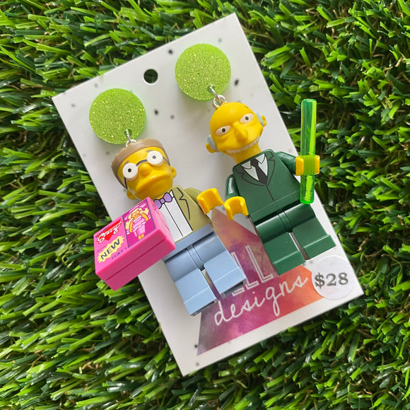 Power-plant Guy & Assistant Brick Character Dangle Earrings - Featuring Glittery Light Green Top!