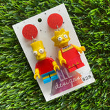 Cartoon Brother and Sister Brick Character Dangle Earrings - Featuring Glittery Red Top!