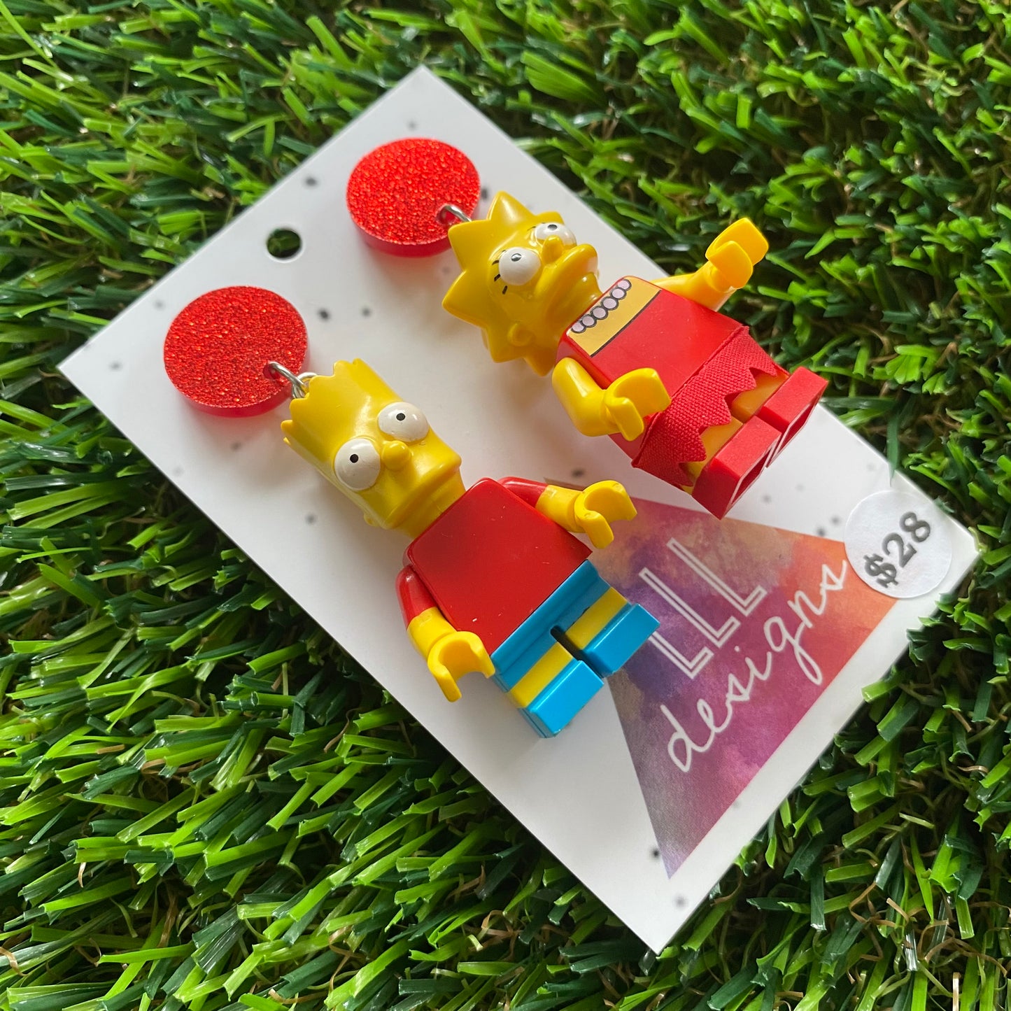 Cartoon Brother and Sister Brick Character Dangle Earrings - Featuring Glittery Red Top!