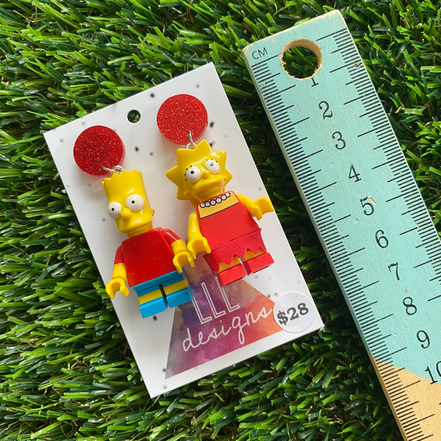 Cartoon Brother and Sister Brick Character Dangle Earrings - Featuring Glittery Red Top!