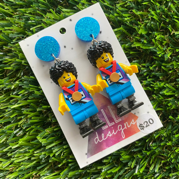 Gold Metal Winner Brick Character Dangle Earring - Featuring Glittery Blue Top!