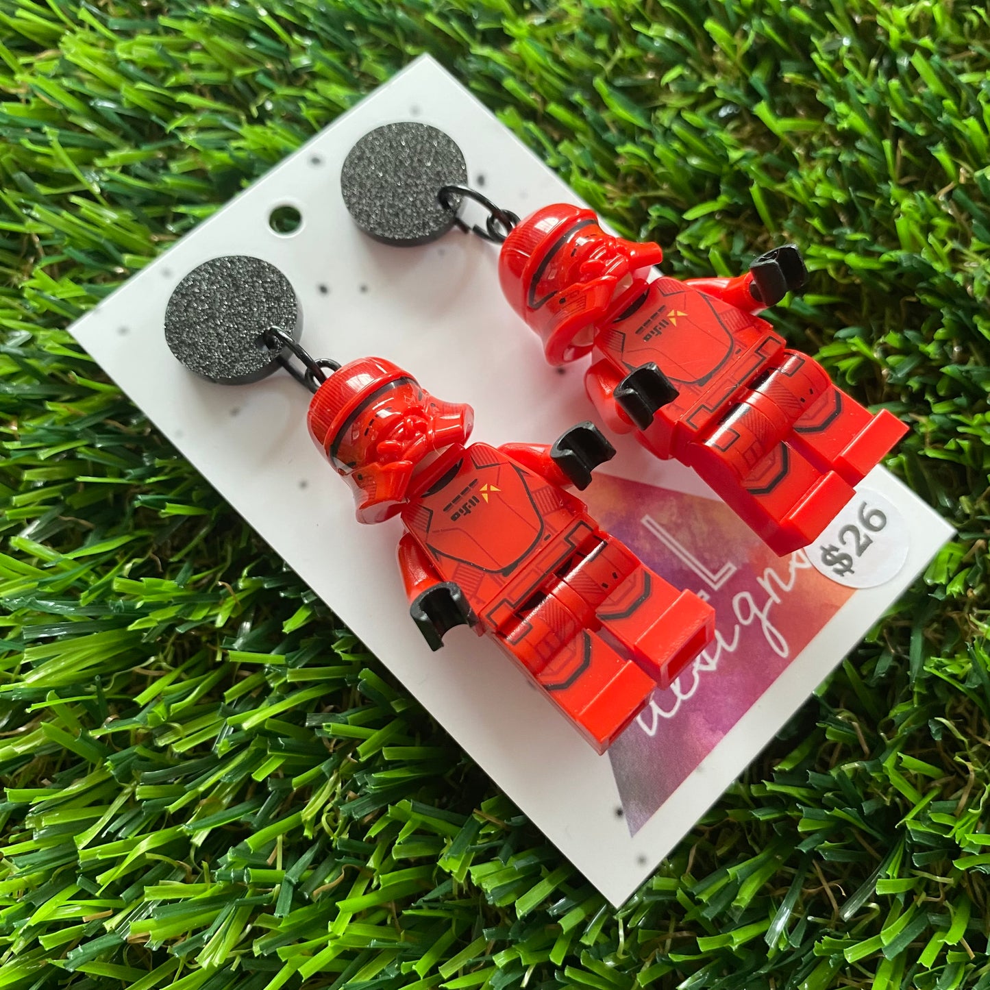 Red Space Soldier Brick Character Dangle Earring - Featuring Glittery Black Top!