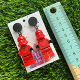 Red Space Soldier Brick Character Dangle Earring - Featuring Glittery Black Top!