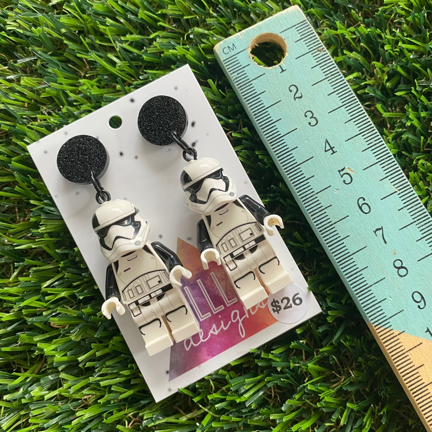 White Space Soldier Brick Character Dangle Earrings - Featuring Glittery Black Top!