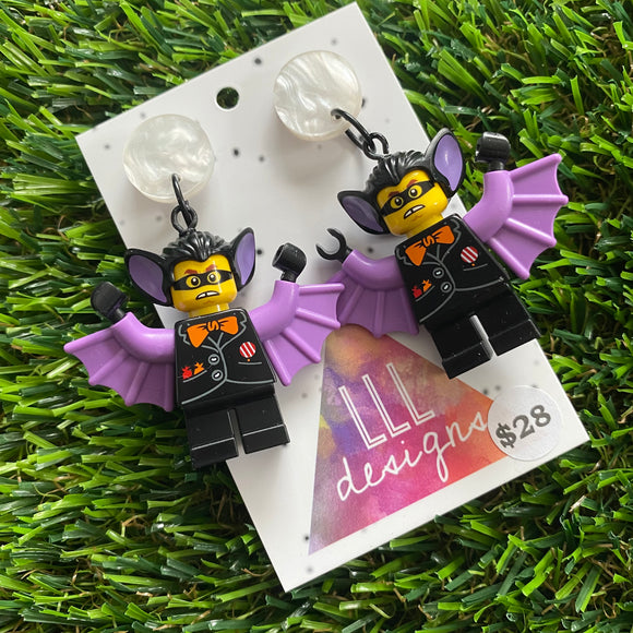 Purple Bat Boy Brick Character Dangle Earrings - Featuring a Pearly Moon Top!