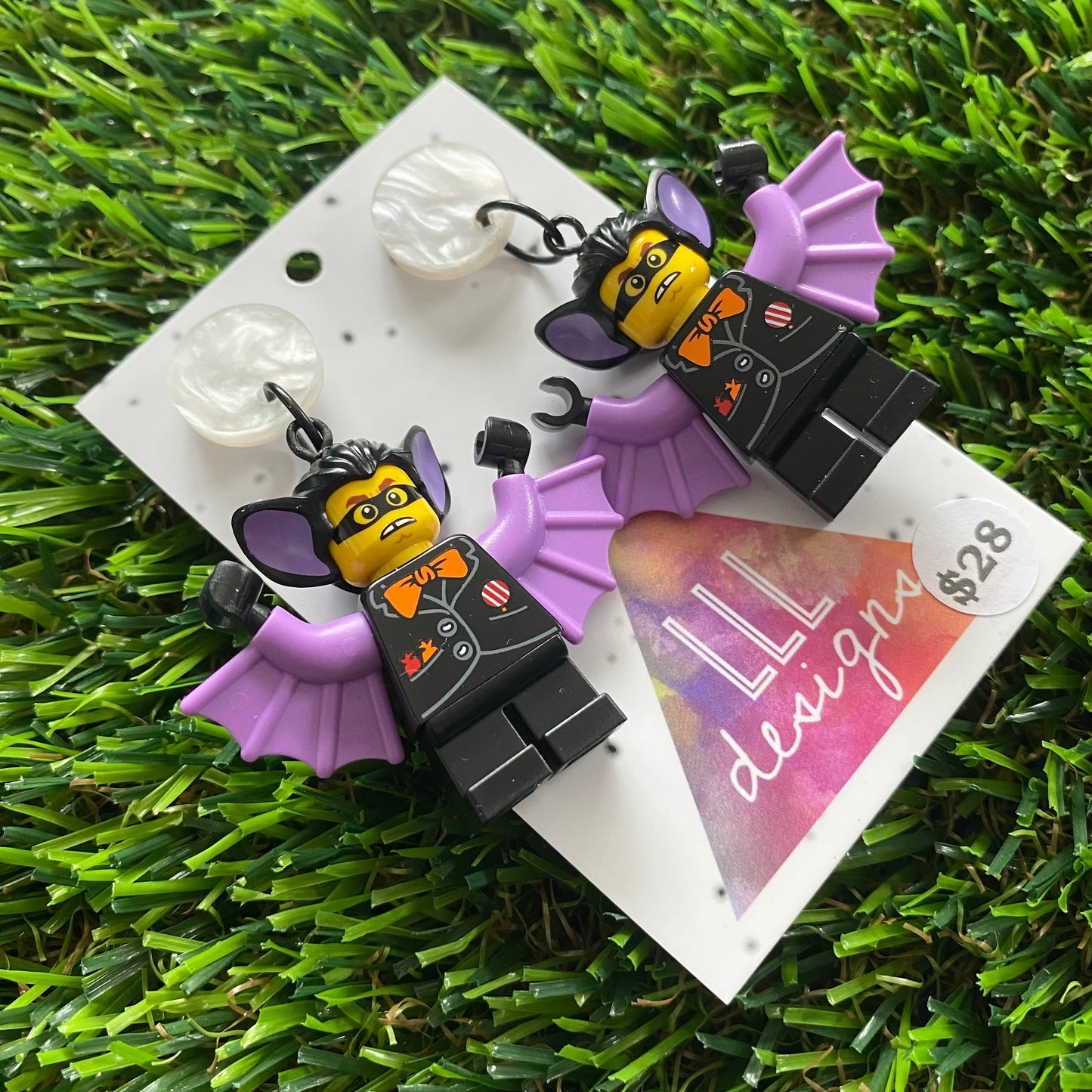 Purple Bat Boy Brick Character Dangle Earrings - Featuring a Pearly Moon Top!