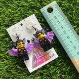 Purple Bat Boy Brick Character Dangle Earrings - Featuring a Pearly Moon Top!