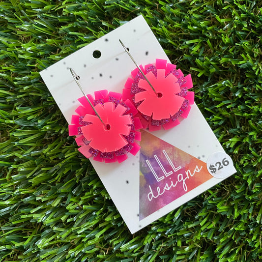 Pom Pom Earrings - Mega Pink Pom Poms with Silver Hoops!