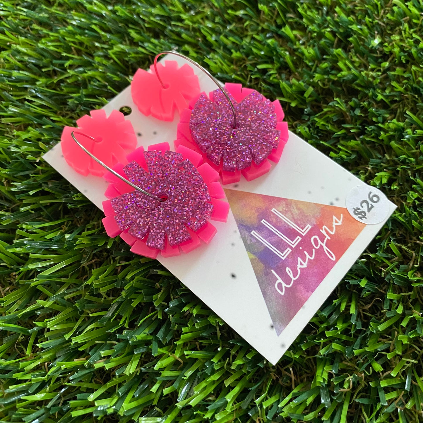 Pom Pom Earrings - Mega Pink Pom Poms with Silver Hoops!