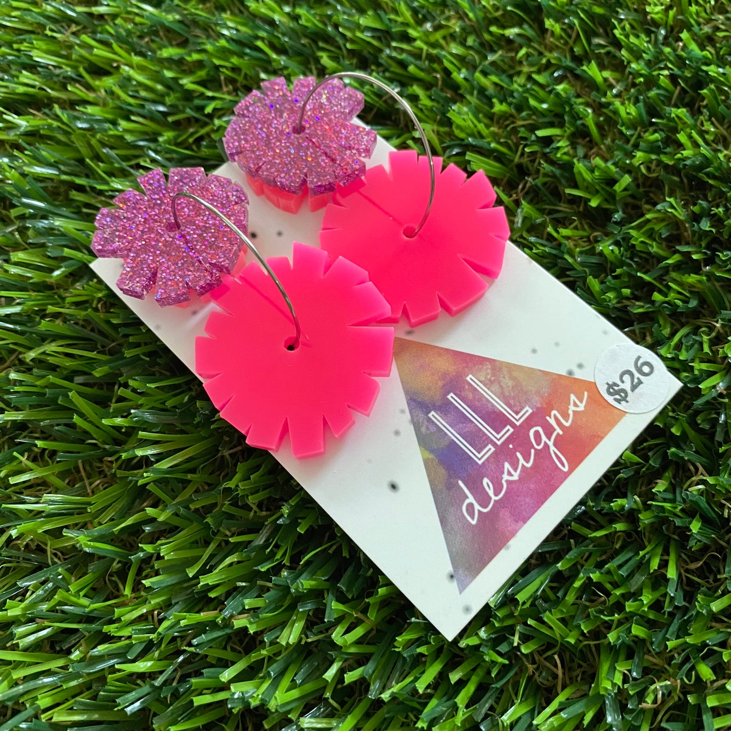 Pom Pom Earrings - Mega Pink Pom Poms with Silver Hoops!