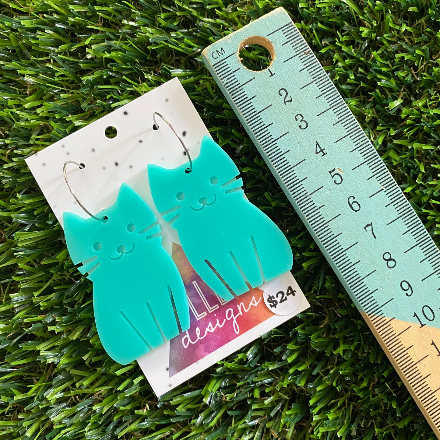 Cat Earrings - Cartoon Kitty Hoop Dangle Earrings - Mint Cat Earrings!