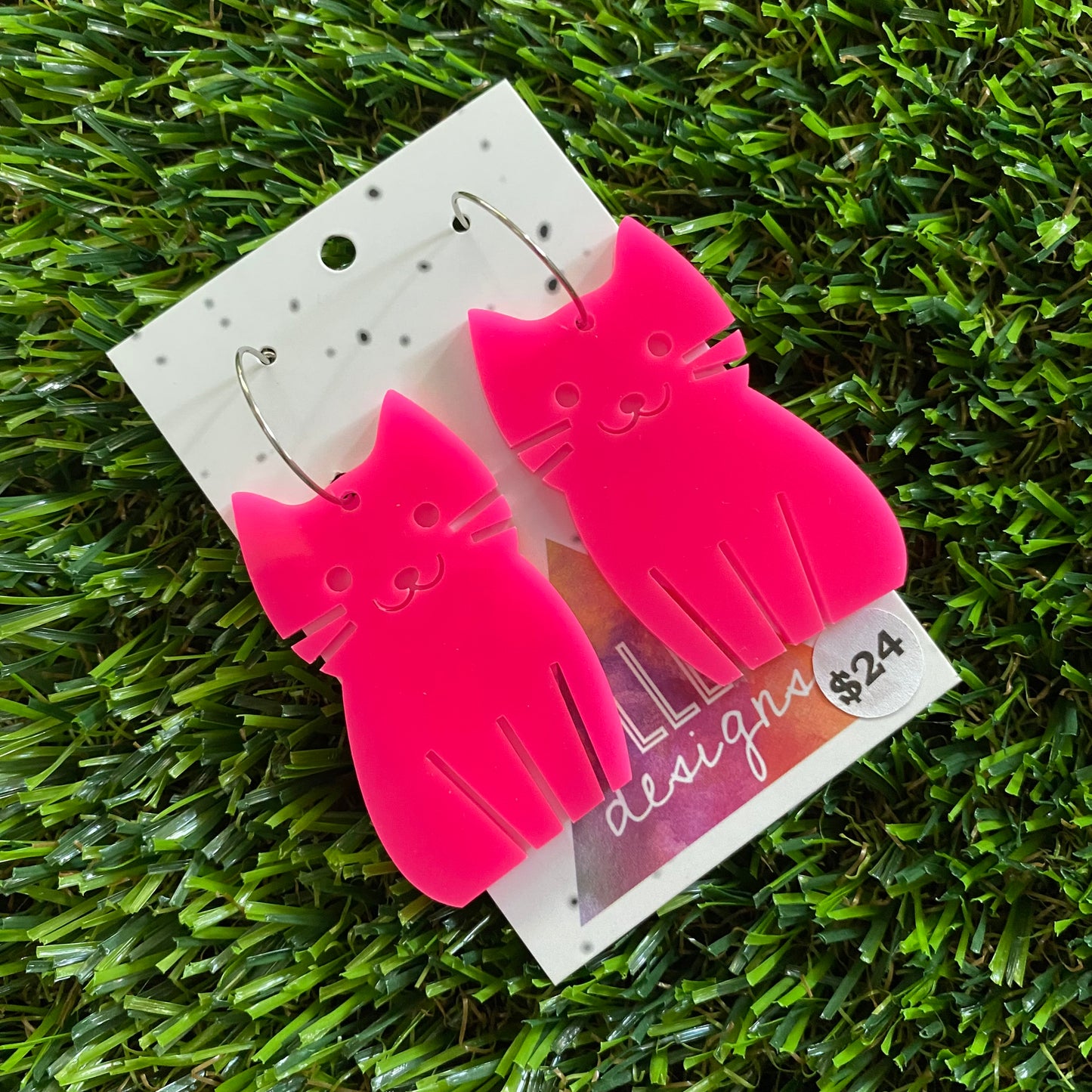 Cat Earrings - Cartoon Kitty Hoop Dangle Earrings - Hot Pink Cat Earrings!