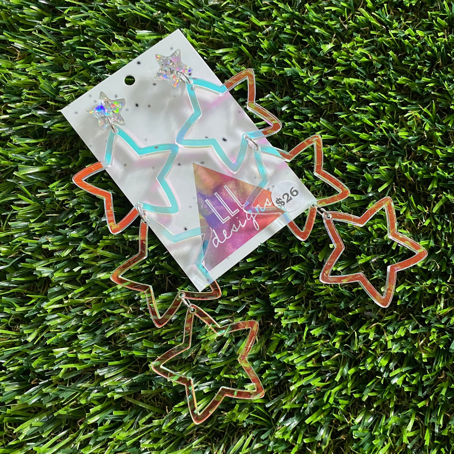 Star Earrings - Mega Star Burst Trio Stacked Iridescent Stars with Holographic Star Top!