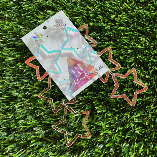 Star Earrings - Mega Star Burst Trio Stacked Iridescent Stars with Holographic Star Top!