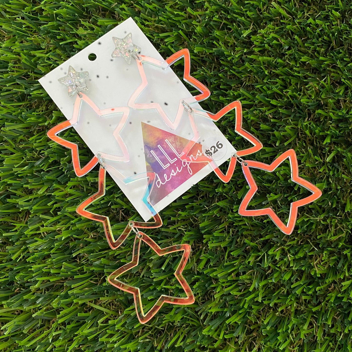 Star Earrings - Mega Star Burst Trio Stacked Iridescent Stars with Holographic Star Top!