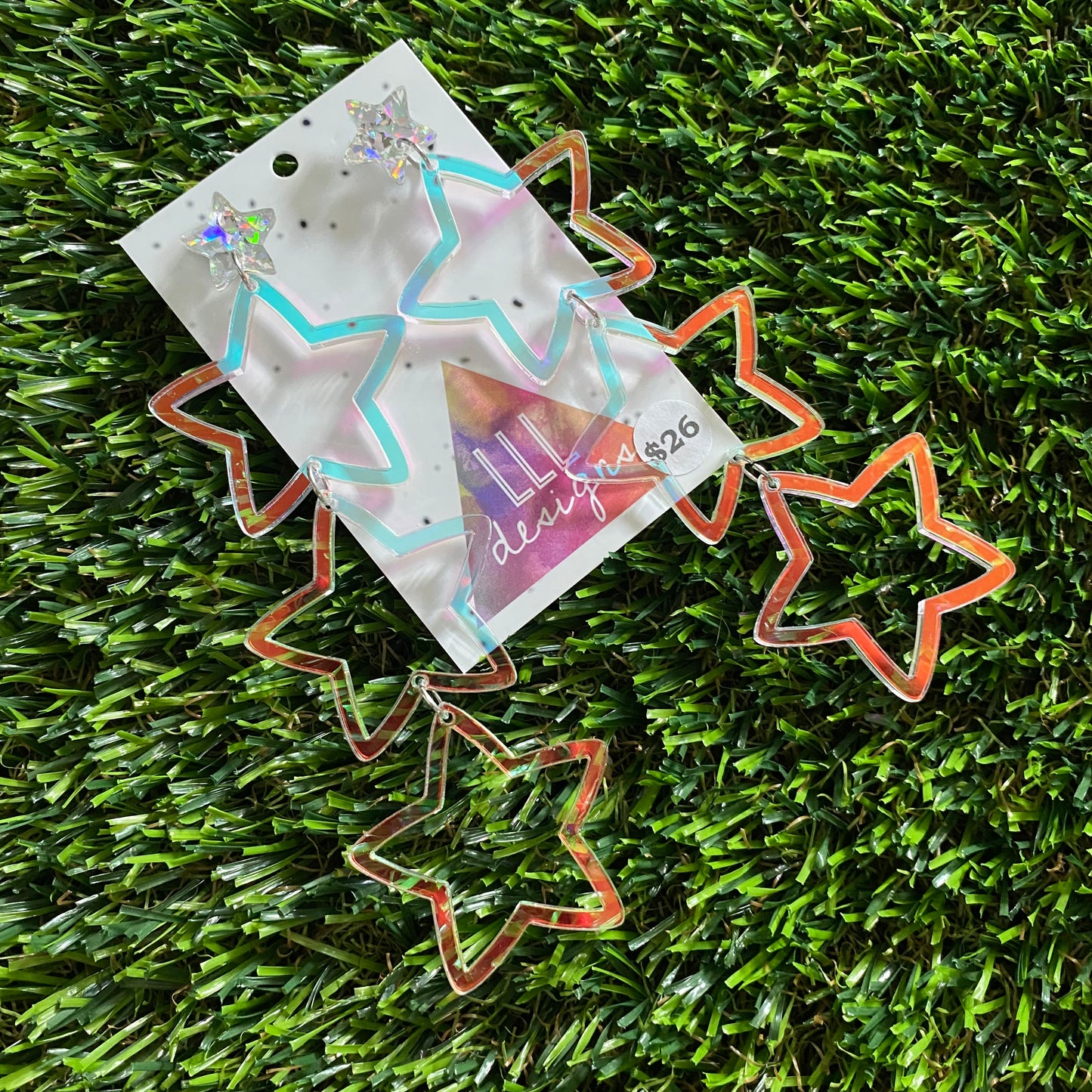 Star Earrings - Mega Star Burst Trio Stacked Iridescent Stars with Holographic Star Top!