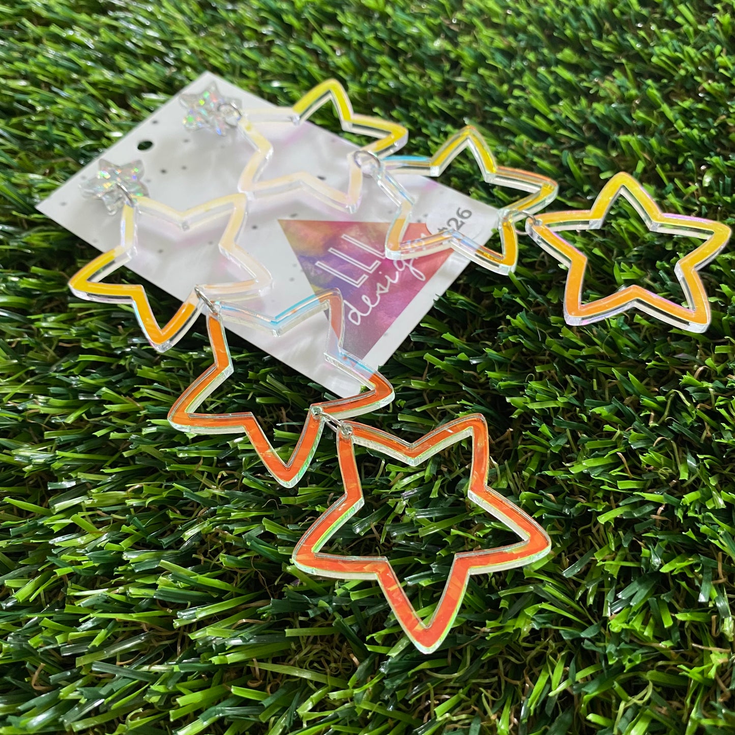 Star Earrings - Mega Star Burst Trio Stacked Iridescent Stars with Holographic Star Top!