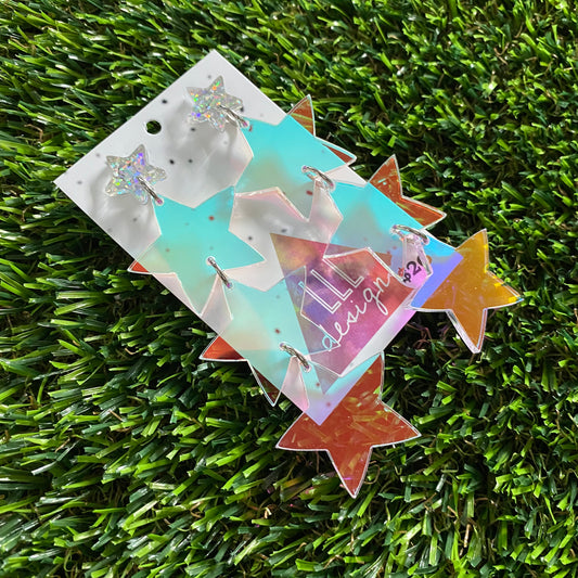 Star Earrings - Mega Iridescent Trio of Stars with Holographic Star Top!