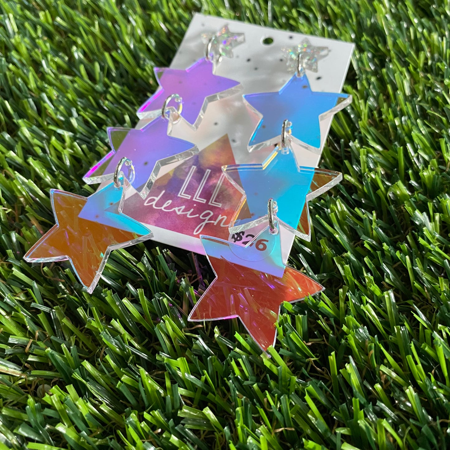 Star Earrings - Mega Iridescent Trio of Stars with Holographic Star Top!