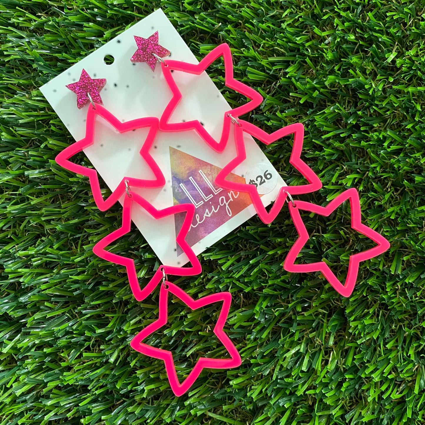 Star Earrings - Mega Star Burst Trio Stacked Pop Neon Pink&nbsp;Stars with Glitter Pink Star Top!