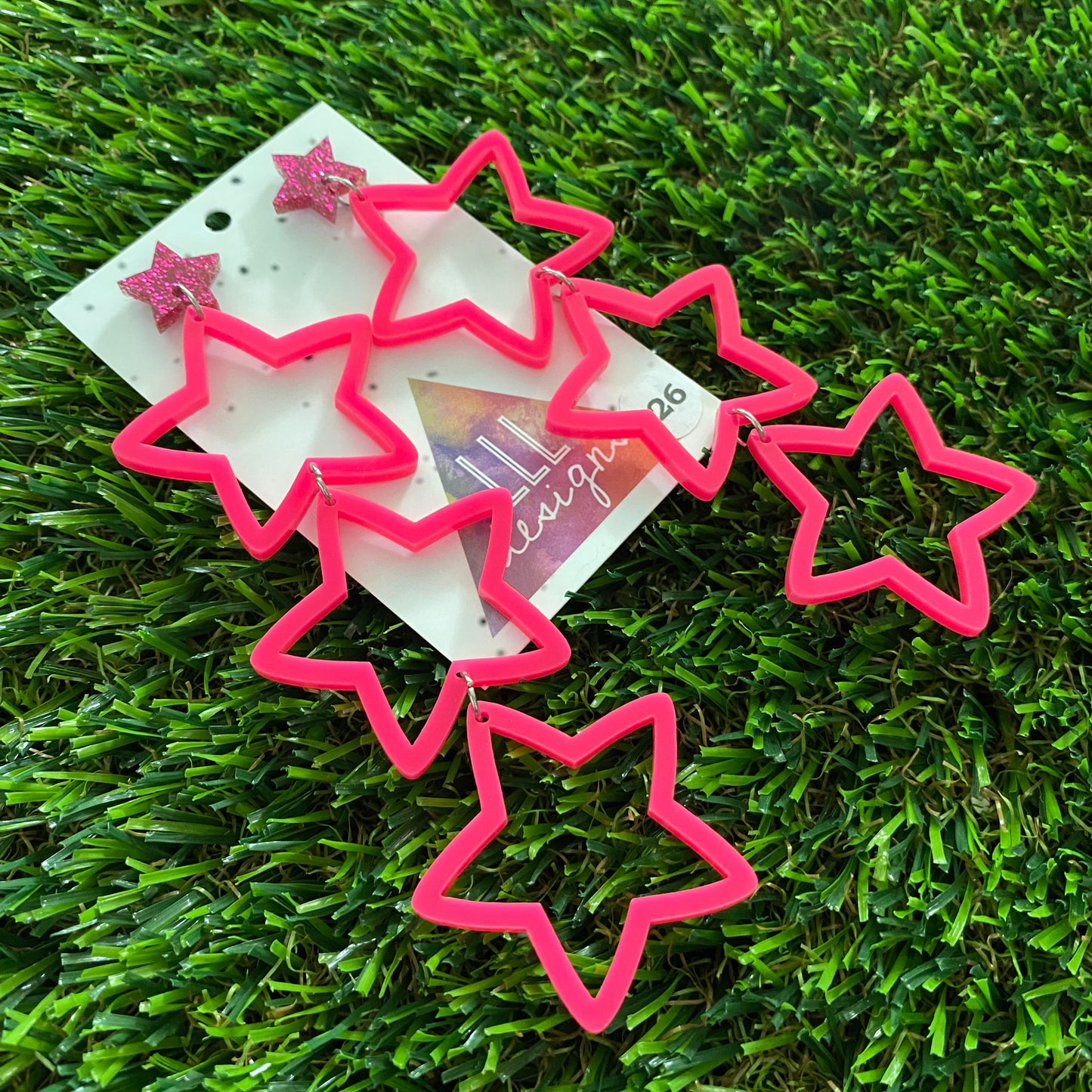 Star Earrings - Mega Star Burst Trio Stacked Pop Neon Pink&nbsp;Stars with Glitter Pink Star Top!
