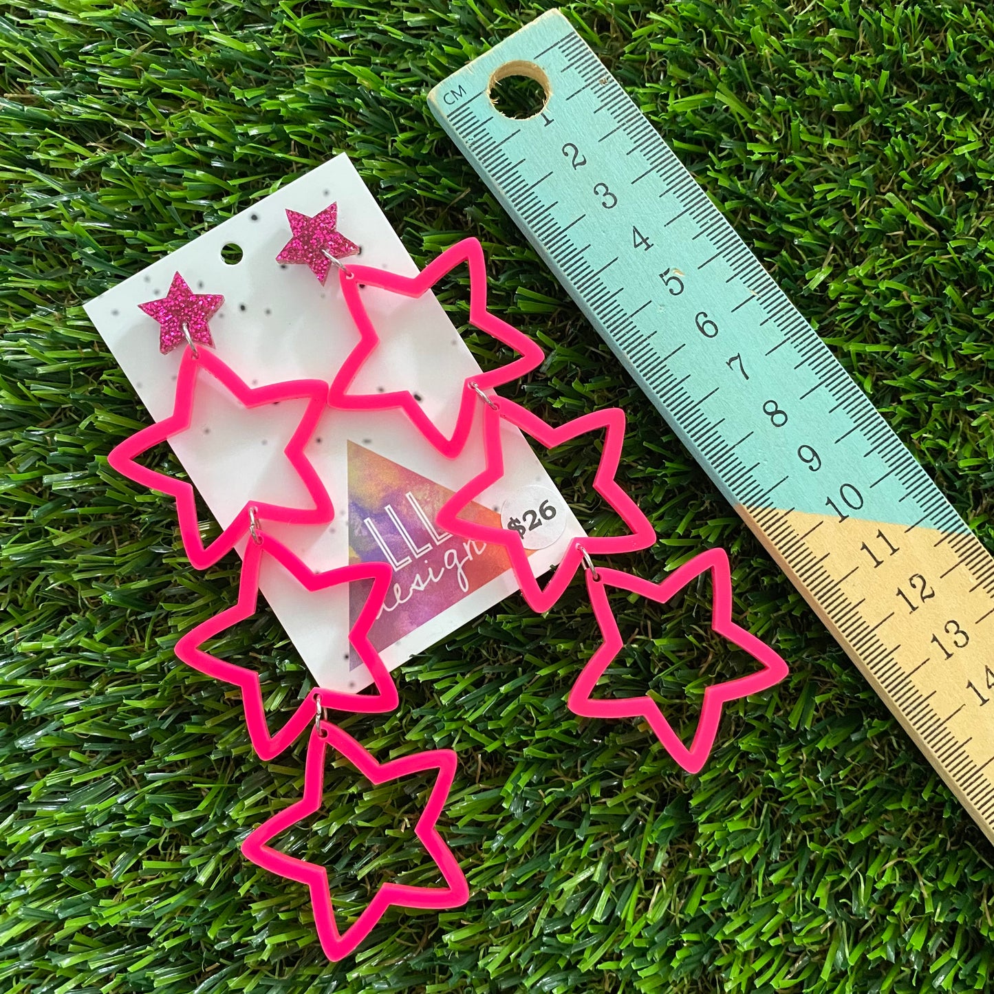 Star Earrings - Mega Star Burst Trio Stacked Pop Neon Pink&nbsp;Stars with Glitter Pink Star Top!