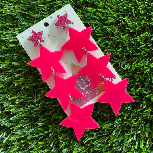 Star Earrings - Mega Pop Neon Trio of Stars with Glitter Pink Star Top!