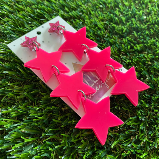 Star Earrings - Mega Pop Neon Trio of Stars with Glitter Pink Star Top!