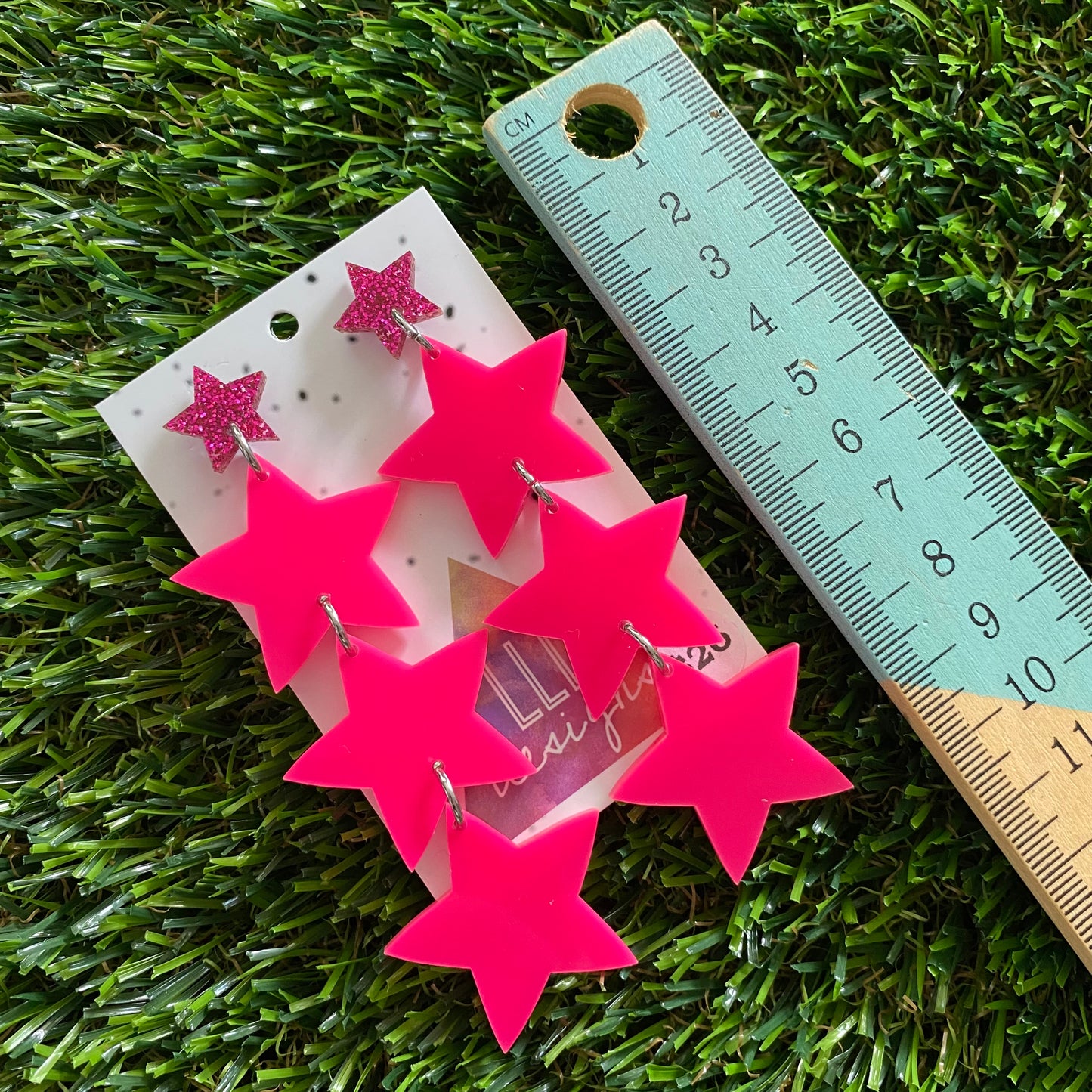 Star Earrings - Mega Pop Neon Trio of Stars with Glitter Pink Star Top!