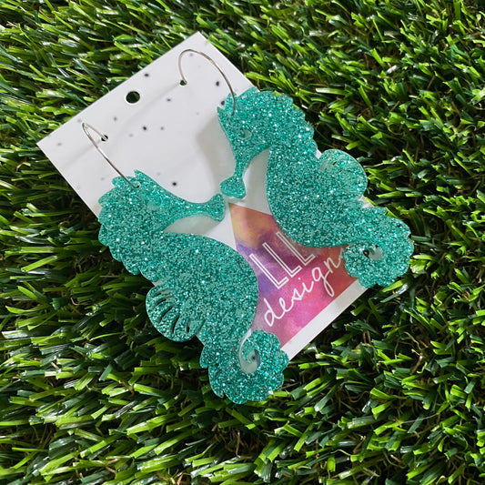 Seahorse Earrings - Glitter Aqua Large Seahorse Dangles with Silver Hoops!