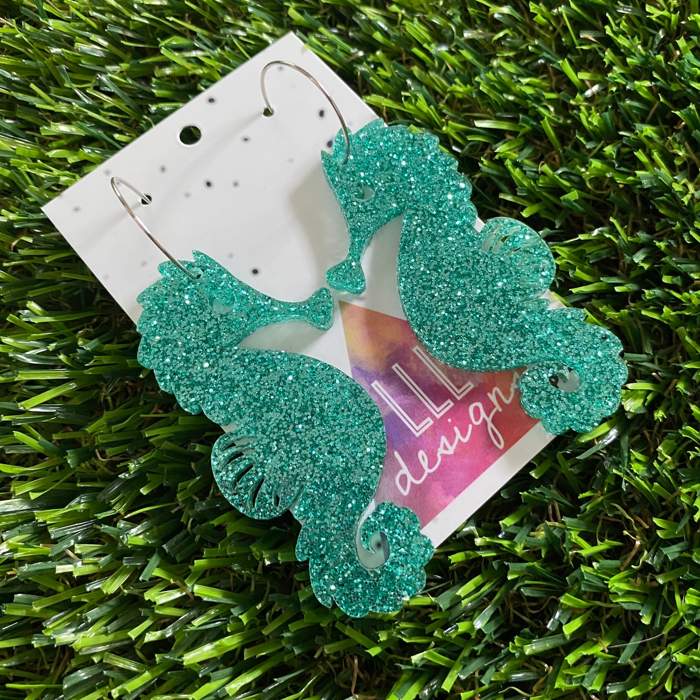 Seahorse Earrings - Glitter Aqua Large Seahorse Dangles with Silver Hoops!