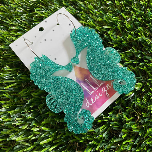 Seahorse Earrings - Glitter Aqua Large Seahorse Dangles with Silver Hoops!