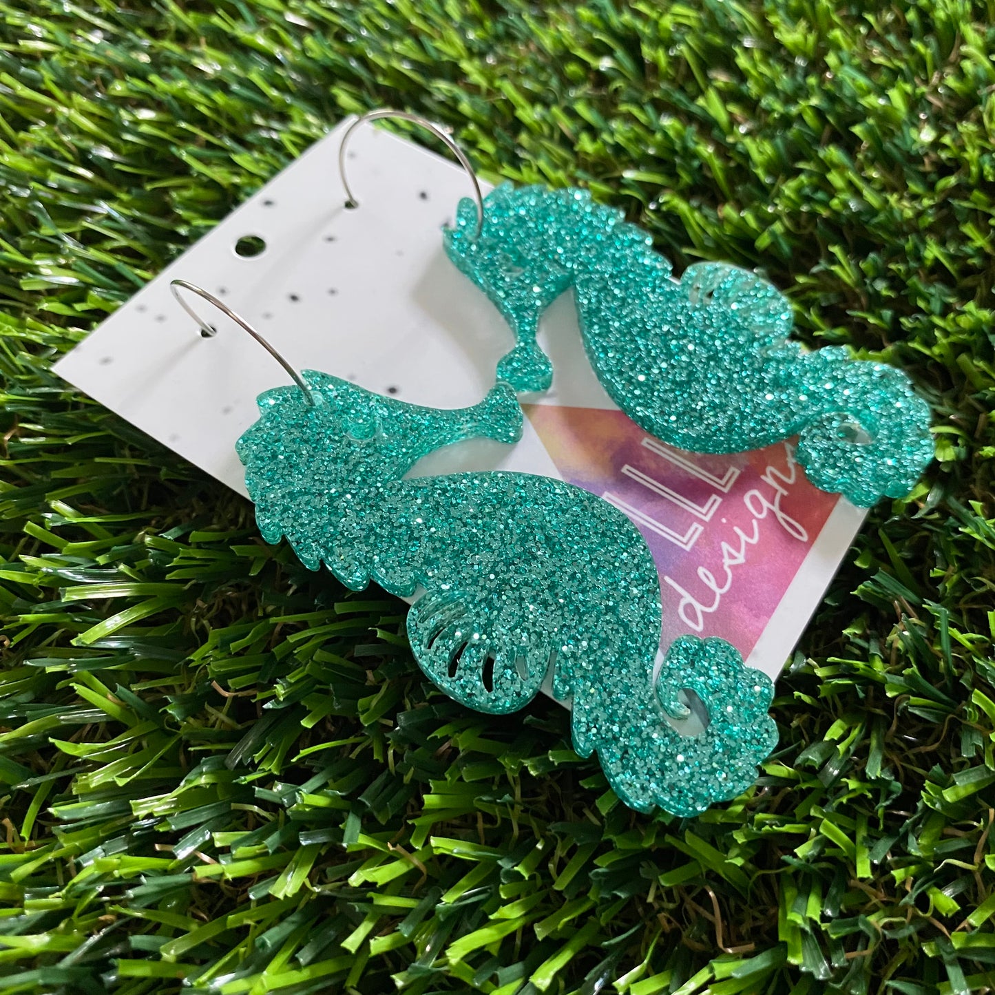 Seahorse Earrings - Glitter Aqua Large Seahorse Dangles with Silver Hoops!