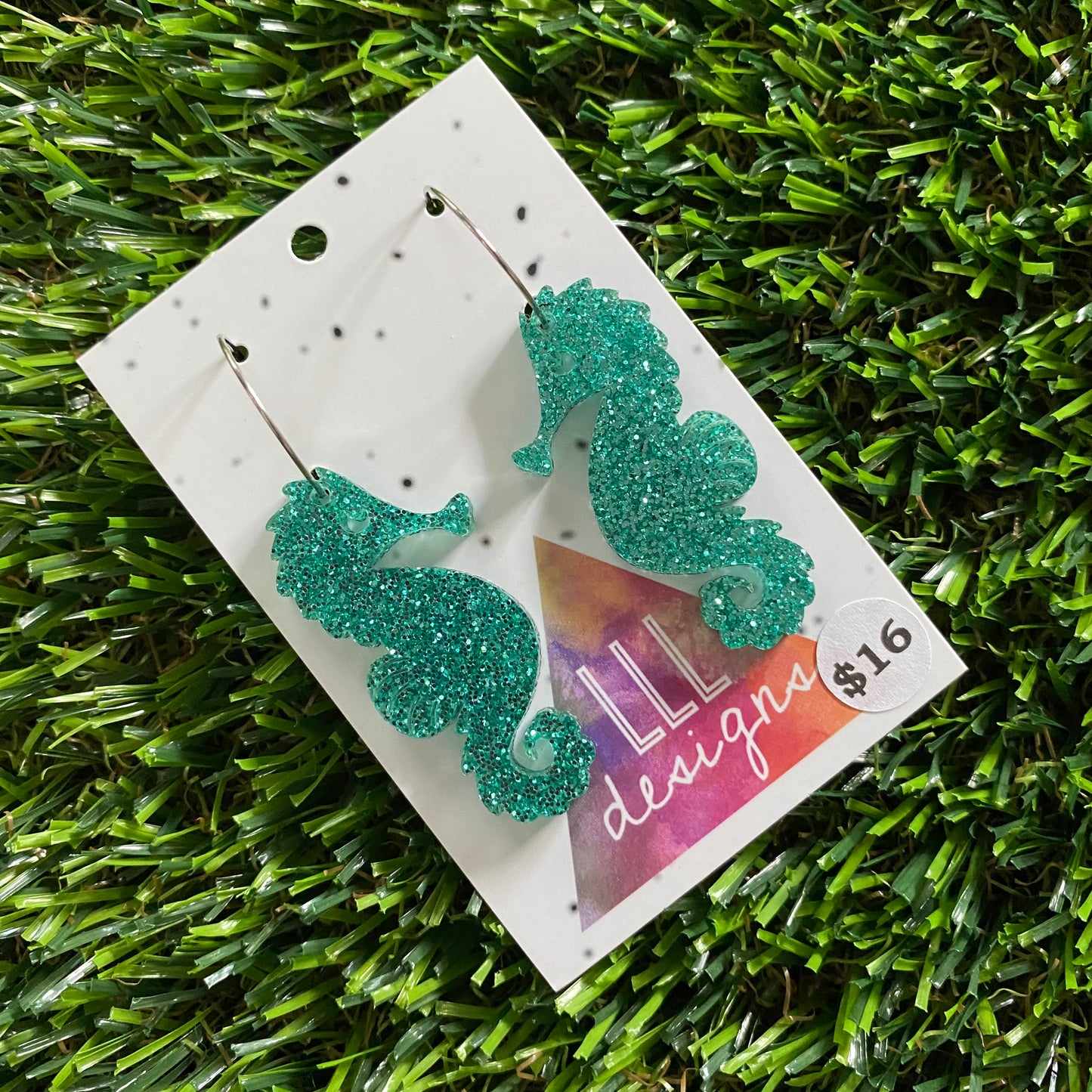 Seahorse Earrings - Glitter Aqua Medium Seahorse Dangles with Silver Hoops!
