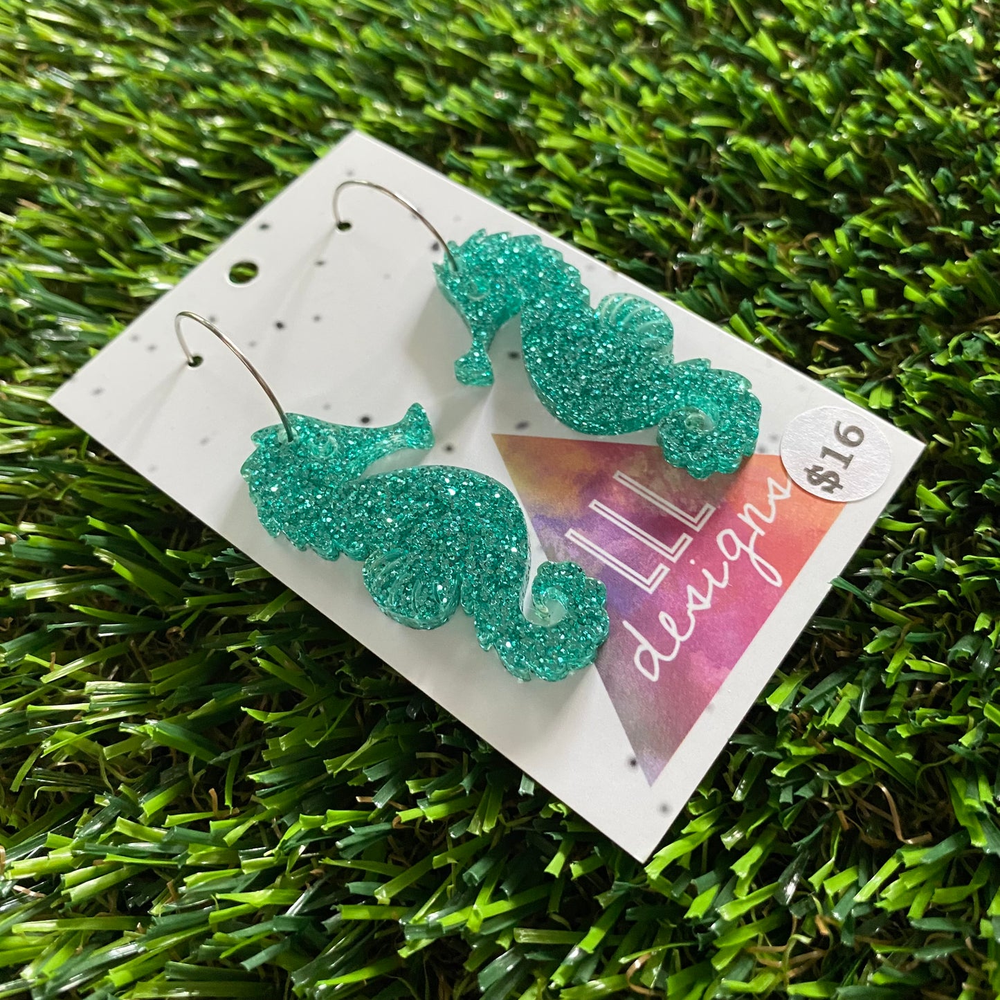 Seahorse Earrings - Glitter Aqua Medium Seahorse Dangles with Silver Hoops!