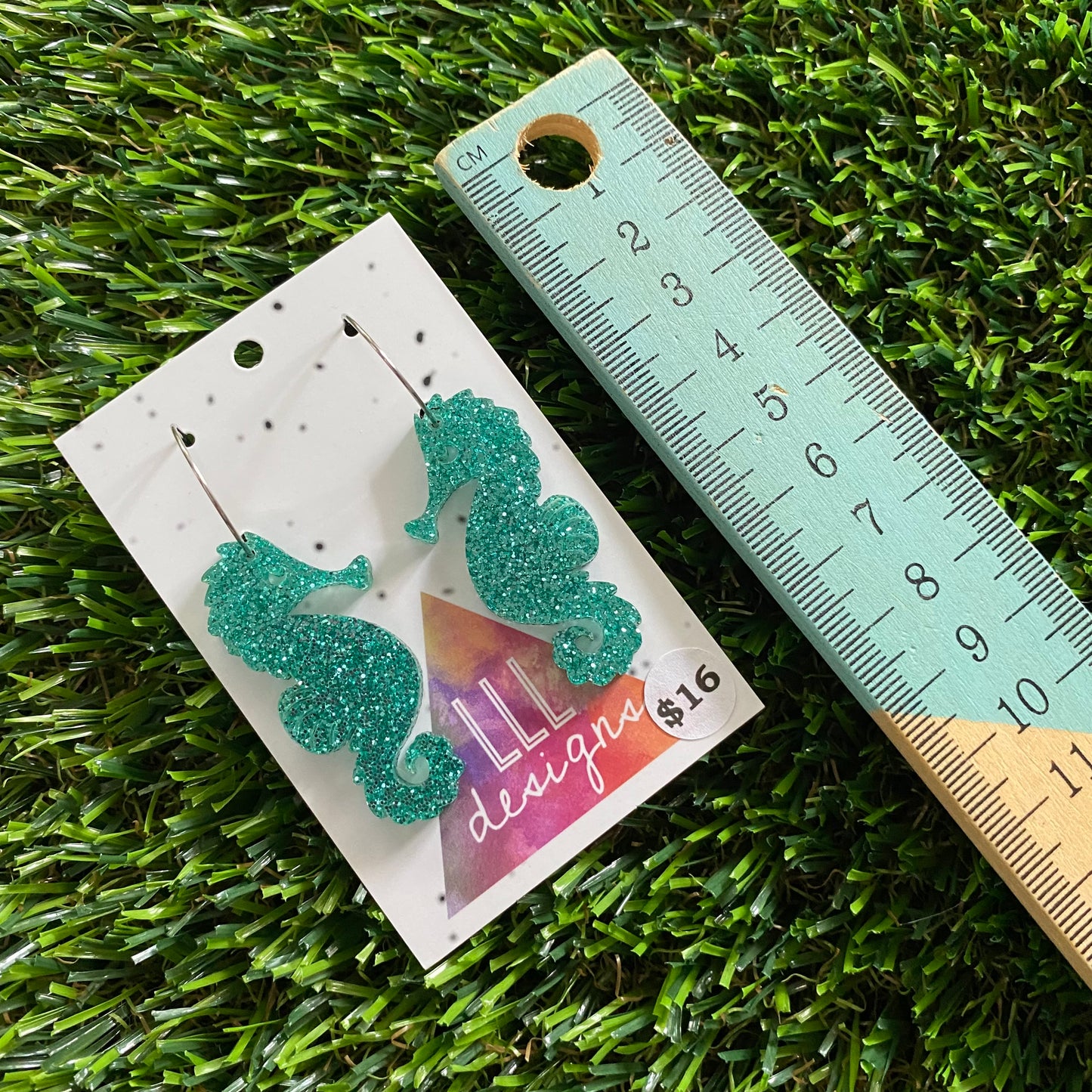 Seahorse Earrings - Glitter Aqua Medium Seahorse Dangles with Silver Hoops!