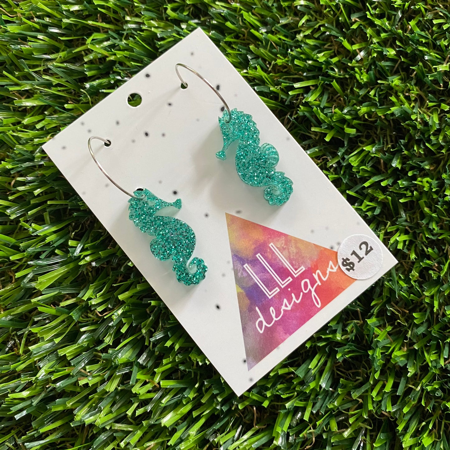 Seahorse Earrings - Glitter Aqua Medium Seahorse Dangles with Silver Hoops!