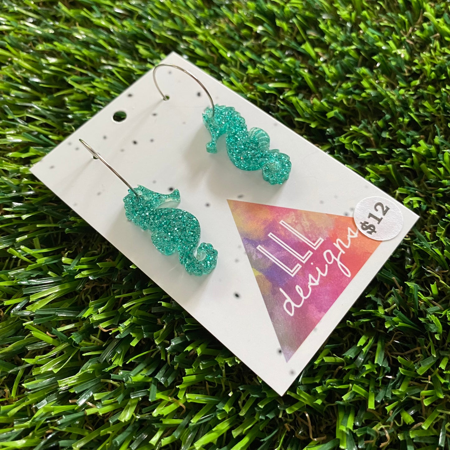 Seahorse Earrings - Glitter Aqua Small Seahorse Dangles with Silver Hoops!